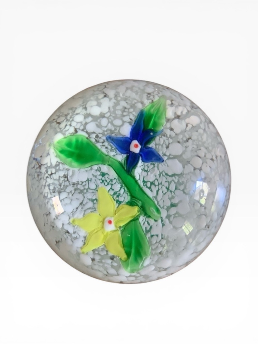 Vintage Hand Blown Glass Floral on Snow Art Paperweight 3” Round